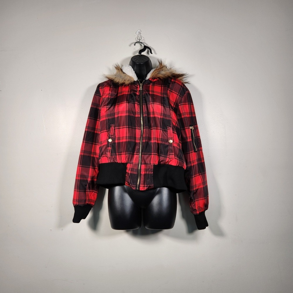 RUE21 Plaid Puffer Jacket Juniors XL Red Black Faux Fur Hood Bomber Winter Coat